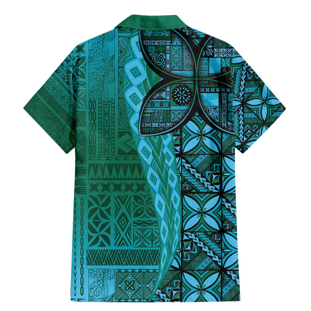 Samoan Pacific Tribal Flower Geometric Art Tattoos Family Matching Mermaid Dress and Hawaiian Shirt Siapo Pattern Turquoise Tide - Polynesian Pride