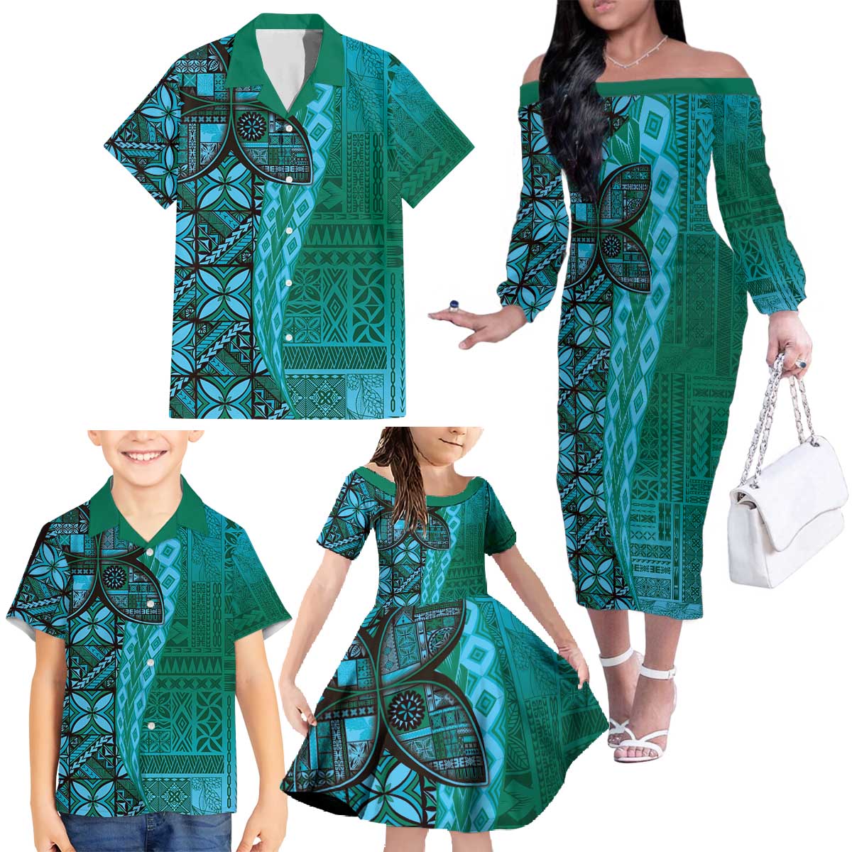 Samoan Pacific Tribal Flower Geometric Art Tattoos Family Matching Off The Shoulder Long Sleeve Dress and Hawaiian Shirt Siapo Pattern Turquoise Tide - Polynesian Pride