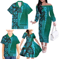 Samoan Pacific Tribal Flower Geometric Art Tattoos Family Matching Off The Shoulder Long Sleeve Dress and Hawaiian Shirt Siapo Pattern Turquoise Tide - Polynesian Pride