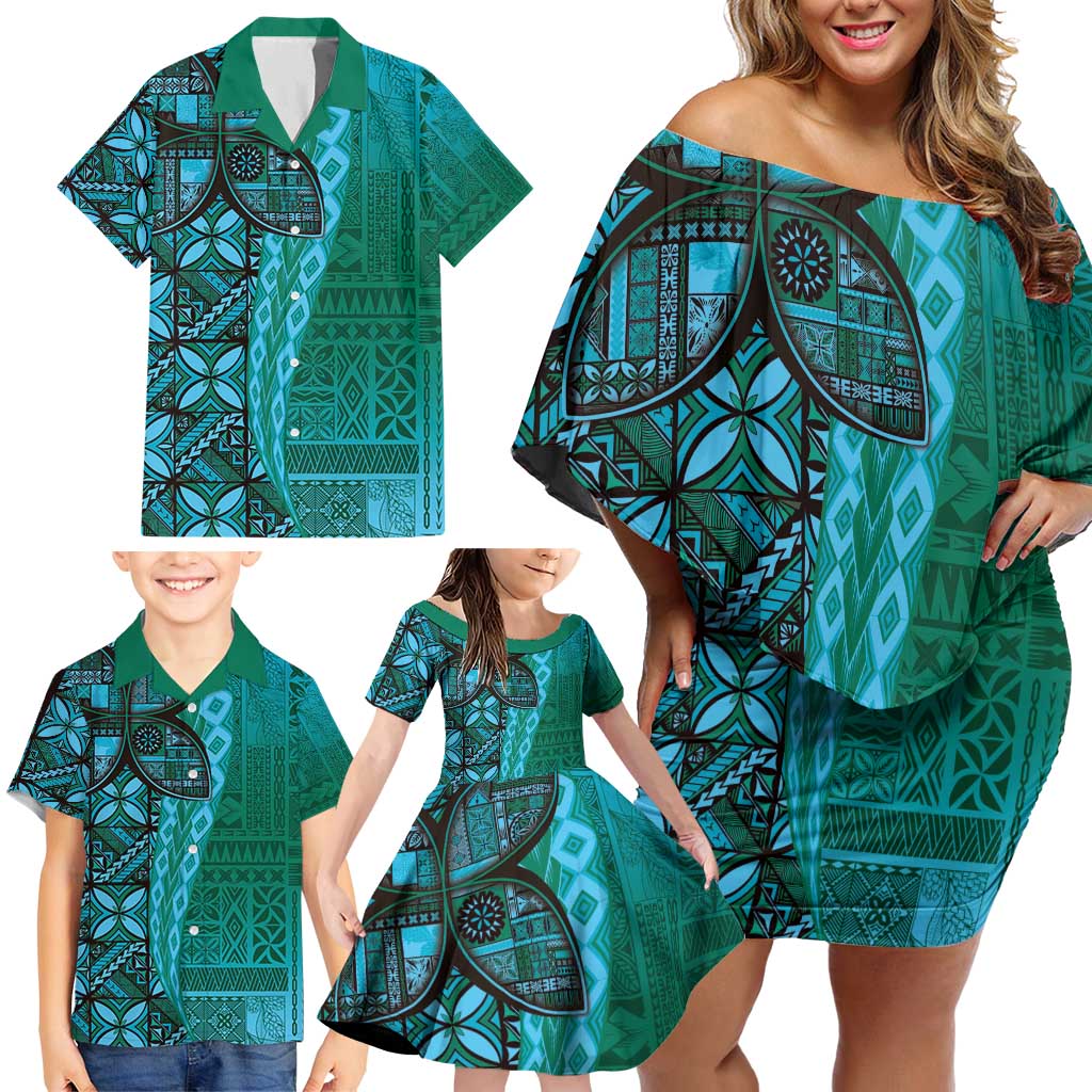 Samoan Pacific Tribal Flower Geometric Art Tattoos Family Matching Off Shoulder Short Dress and Hawaiian Shirt Siapo Pattern Turquoise Tide - Polynesian Pride