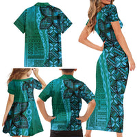 Samoan Pacific Tribal Flower Geometric Art Tattoos Family Matching Short Sleeve Bodycon Dress and Hawaiian Shirt Siapo Pattern Turquoise Tide - Polynesian Pride