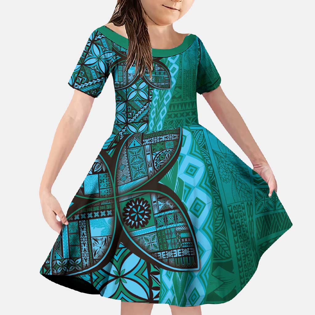 Samoan Pacific Tribal Flower Geometric Art Tattoos Family Matching Summer Maxi Dress and Hawaiian Shirt Siapo Pattern Turquoise Tide - Polynesian Pride