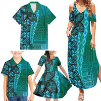 Samoan Pacific Tribal Flower Geometric Art Tattoos Family Matching Summer Maxi Dress and Hawaiian Shirt Siapo Pattern Turquoise Tide - Polynesian Pride