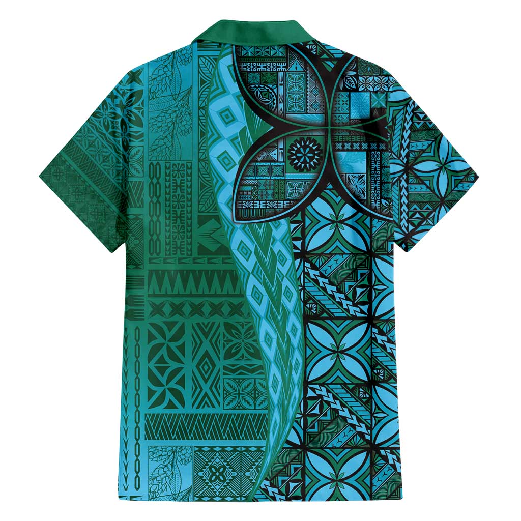 Samoan Pacific Tribal Flower Geometric Art Tattoos Family Matching Summer Maxi Dress and Hawaiian Shirt Siapo Pattern Turquoise Tide - Polynesian Pride
