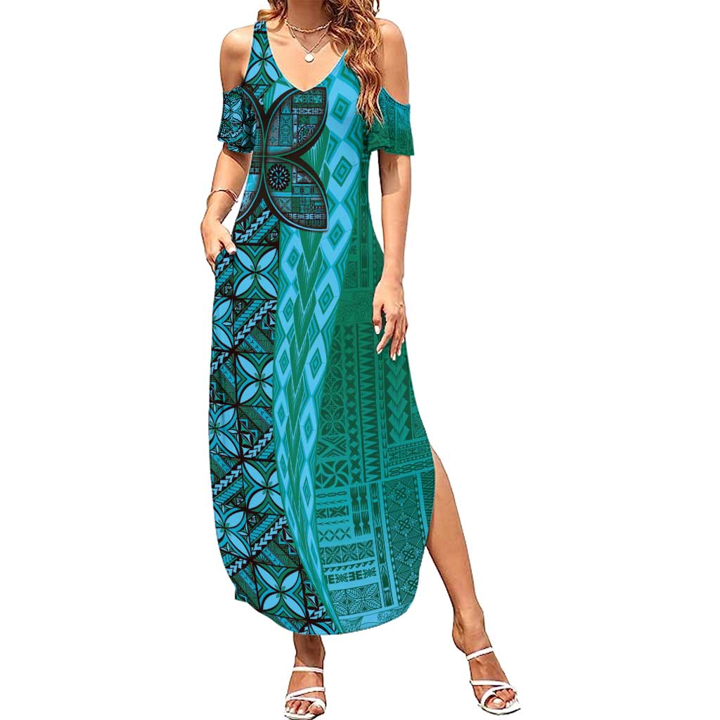 Samoan Pacific Tribal Flower Geometric Art Tattoos Family Matching Summer Maxi Dress and Hawaiian Shirt Siapo Pattern Turquoise Tide - Polynesian Pride