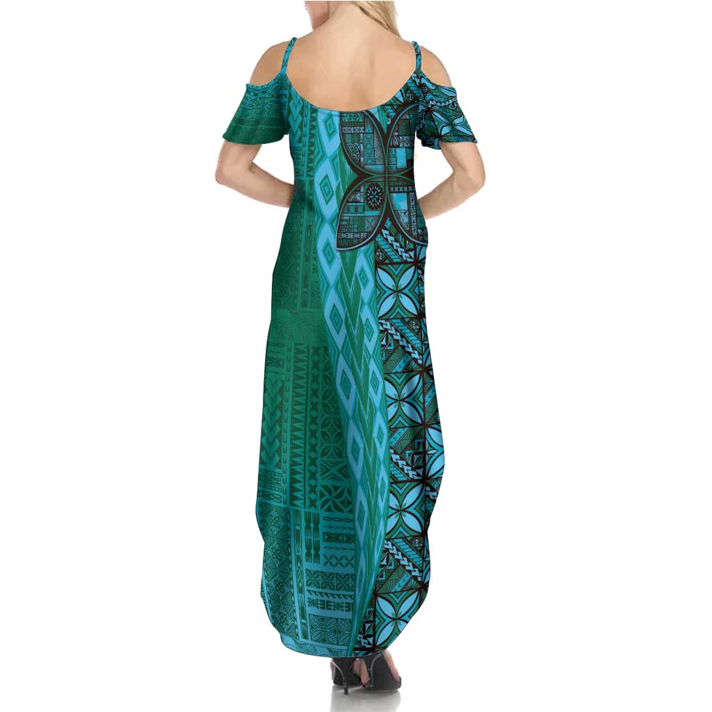 Samoan Pacific Tribal Flower Geometric Art Tattoos Family Matching Summer Maxi Dress and Hawaiian Shirt Siapo Pattern Turquoise Tide - Polynesian Pride