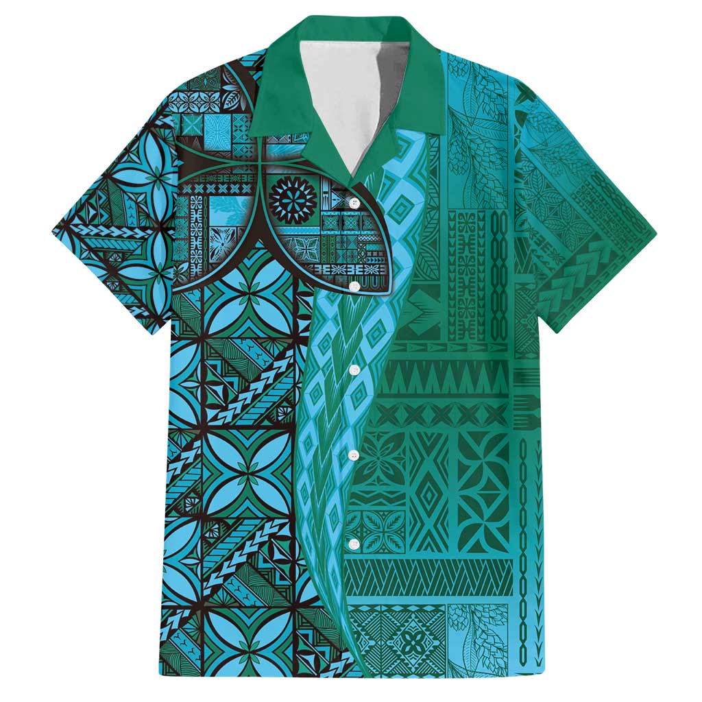 Samoan Pacific Tribal Flower Geometric Art Tattoos Family Matching Tank Maxi Dress and Hawaiian Shirt Siapo Pattern Turquoise Tide - Polynesian Pride