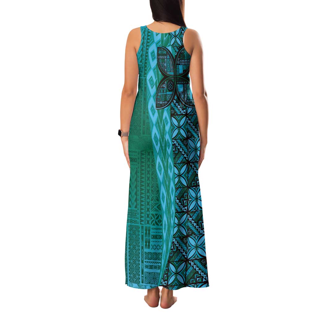 Samoan Pacific Tribal Flower Geometric Art Tattoos Family Matching Tank Maxi Dress and Hawaiian Shirt Siapo Pattern Turquoise Tide - Polynesian Pride