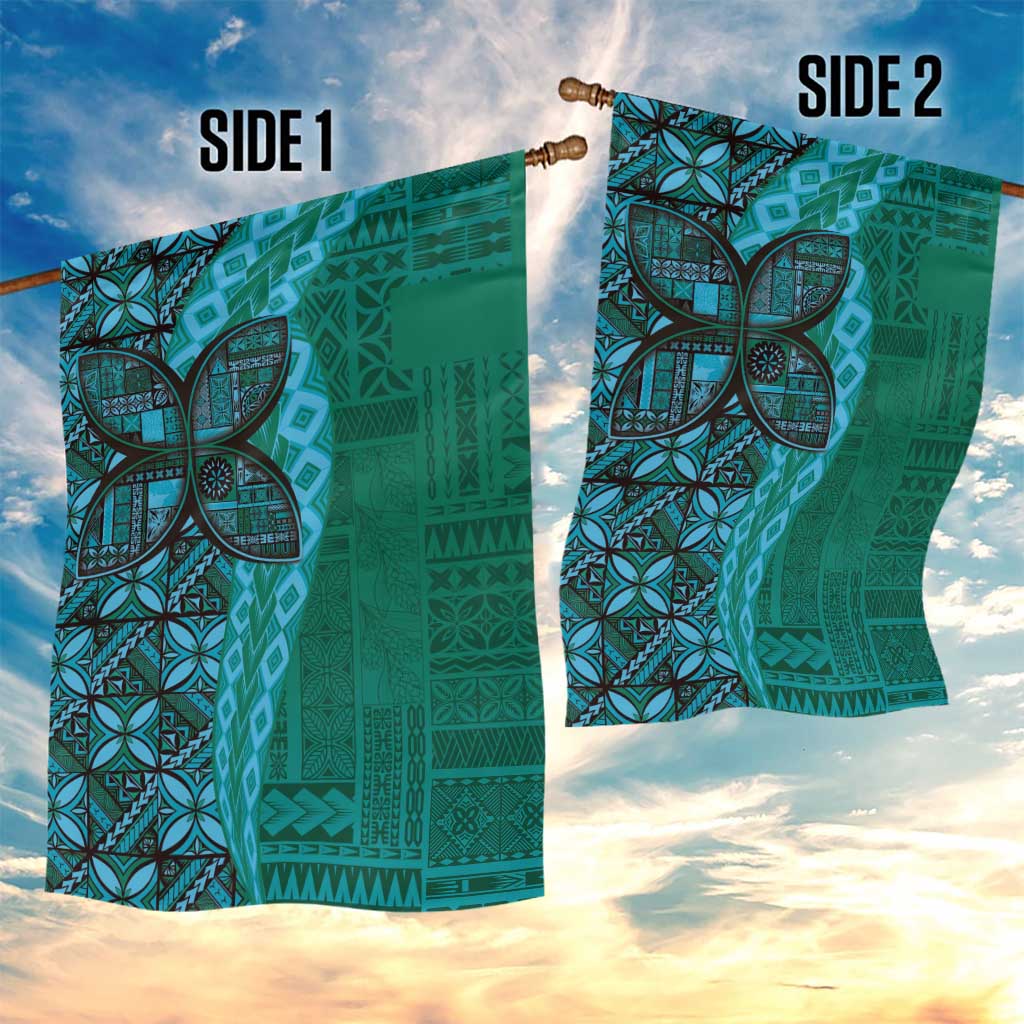 Samoan Pacific Tribal Flower Geometric Art Tattoos Garden Flag Siapo Pattern Turquoise Tide - Polynesian Pride