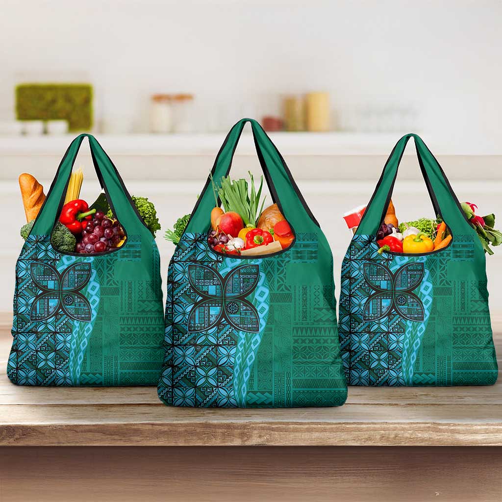 Samoan Pacific Tribal Flower Geometric Art Tattoos Grocery Bag Siapo Pattern Turquoise Tide LT03 3-pack One Size Turquoise - Polynesian Pride