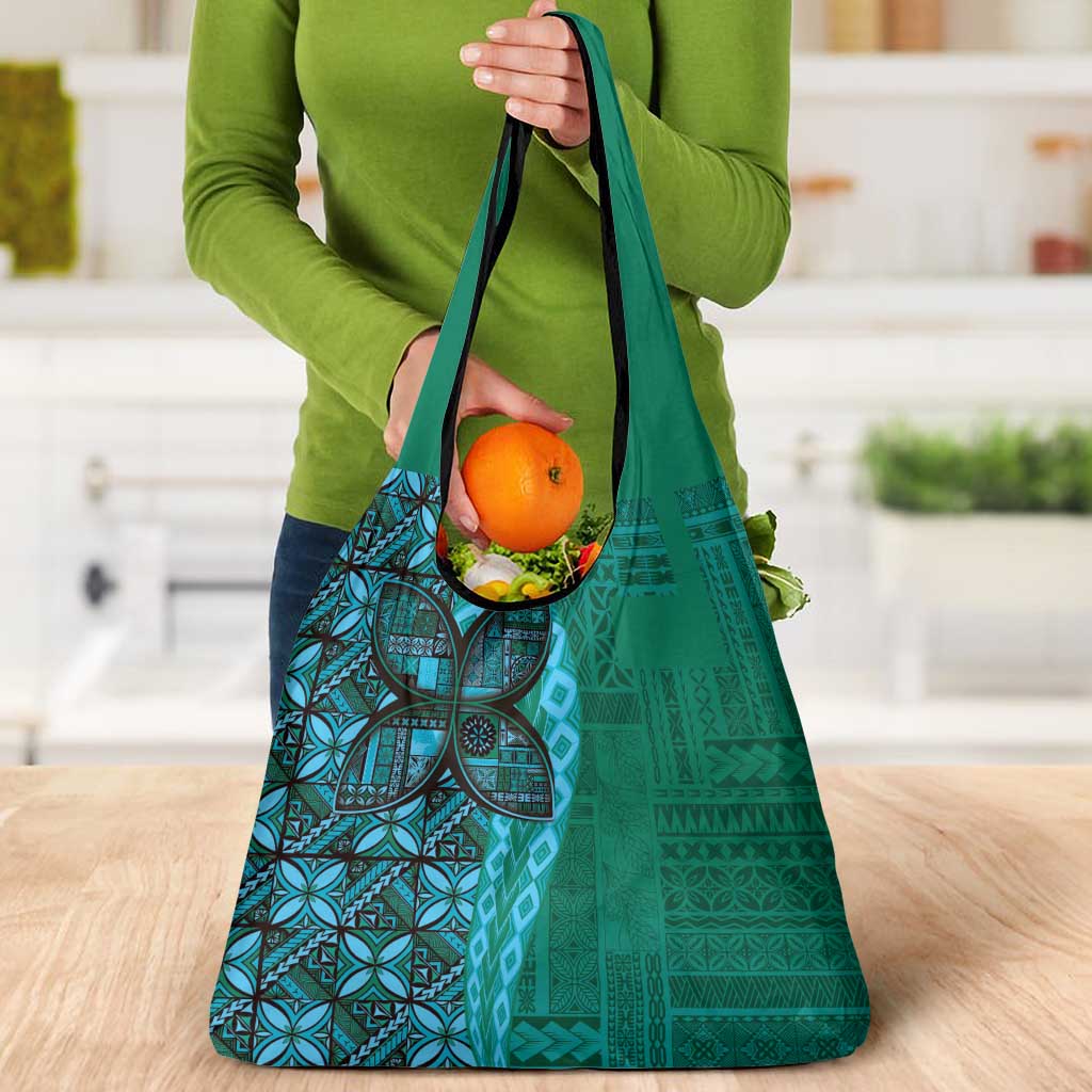 Samoan Pacific Tribal Flower Geometric Art Tattoos Grocery Bag Siapo Pattern Turquoise Tide LT03 - Polynesian Pride