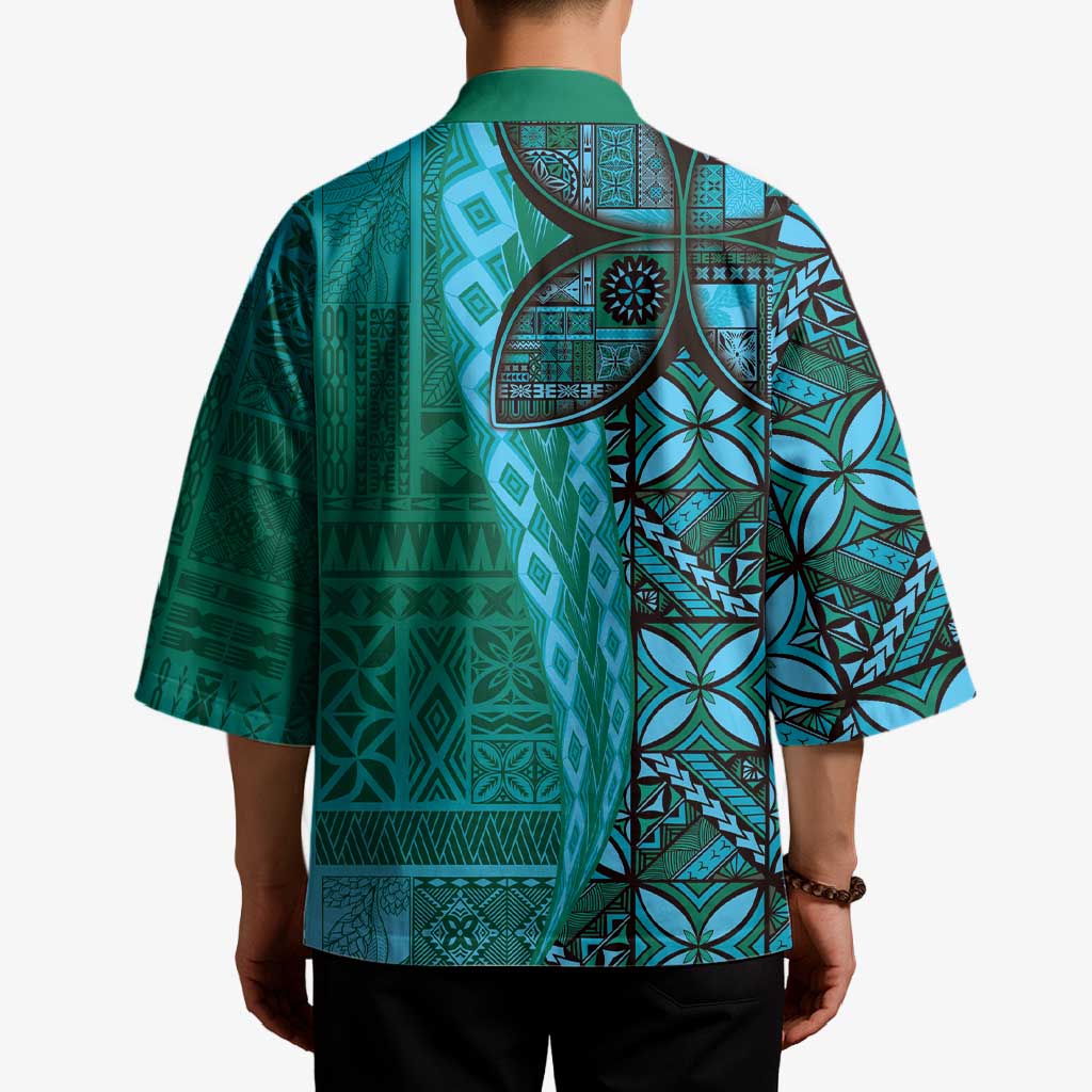 Samoan Pacific Tribal Flower Geometric Art Tattoos Kimono Siapo Pattern Turquoise Tide - Polynesian Pride