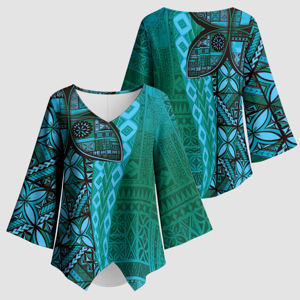 Samoan Pacific Tribal Flower Geometric Art Tattoos Kimono Sleeve Blouse Siapo Pattern Turquoise Tide - Polynesian Pride