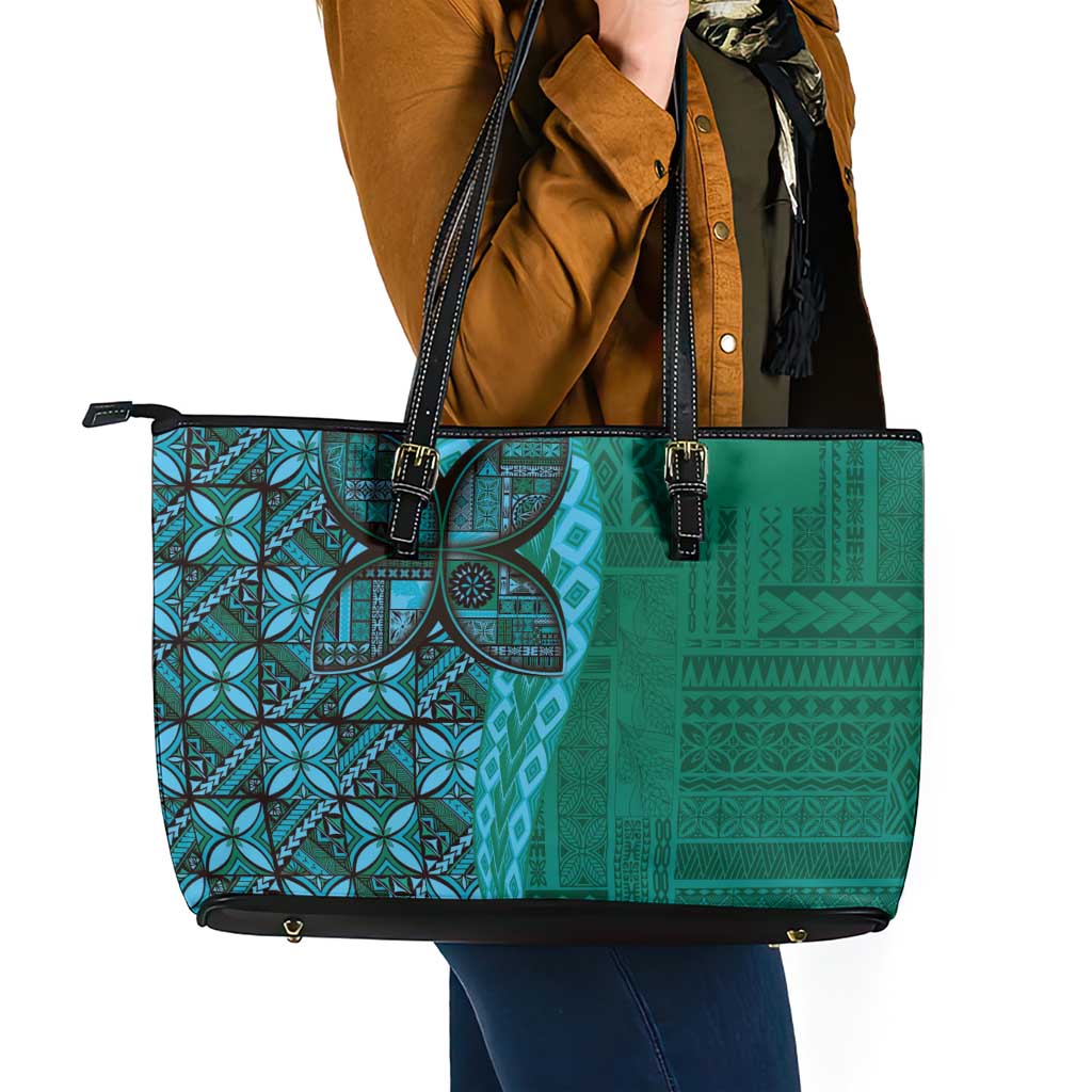 Samoan Pacific Tribal Flower Geometric Art Tattoos Leather Tote Bag Siapo Pattern Turquoise Tide - Polynesian Pride