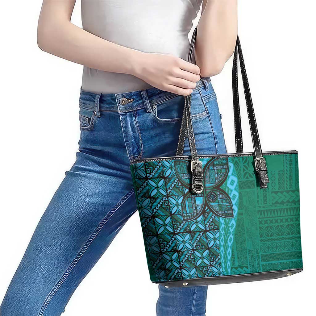 Samoan Pacific Tribal Flower Geometric Art Tattoos Leather Tote Bag Siapo Pattern Turquoise Tide - Polynesian Pride