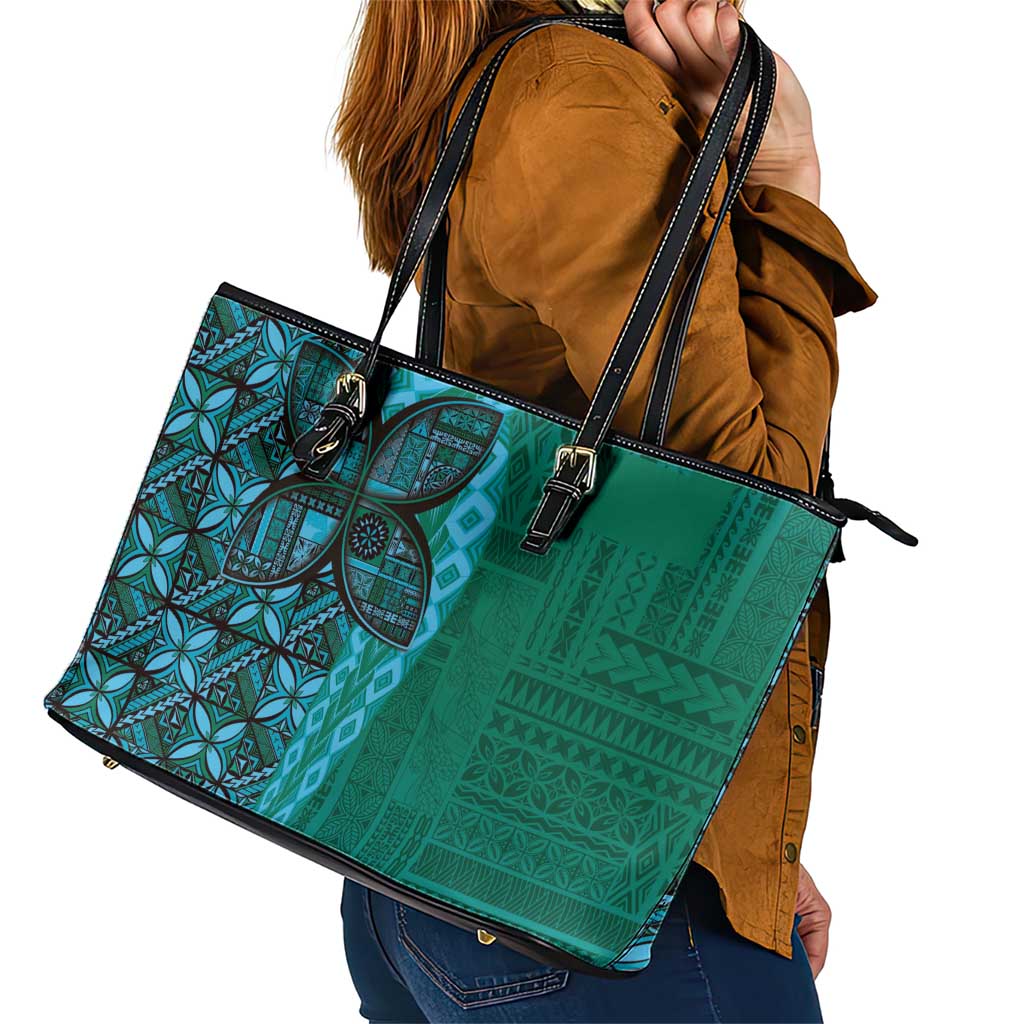 Samoan Pacific Tribal Flower Geometric Art Tattoos Leather Tote Bag Siapo Pattern Turquoise Tide - Polynesian Pride