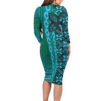Samoan Pacific Tribal Flower Geometric Art Tattoos Long Sleeve Bodycon Dress Siapo Pattern Turquoise Tide - Polynesian Pride