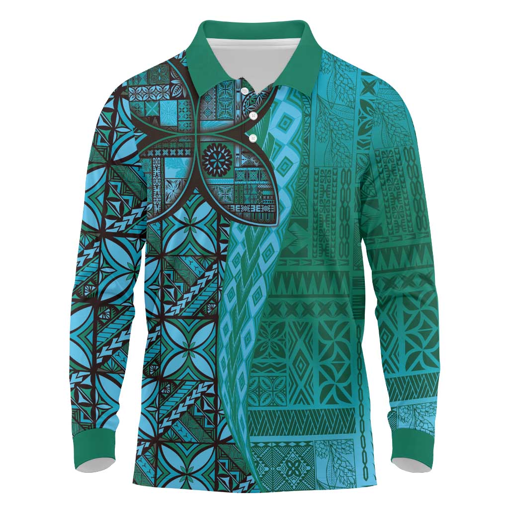 Samoan Pacific Tribal Flower Geometric Art Tattoos Long Sleeve Polo Shirt Siapo Pattern Turquoise Tide LT03 Turquoise - Polynesian Pride