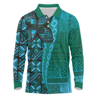 Samoan Pacific Tribal Flower Geometric Art Tattoos Long Sleeve Polo Shirt Siapo Pattern Turquoise Tide LT03 Turquoise - Polynesian Pride