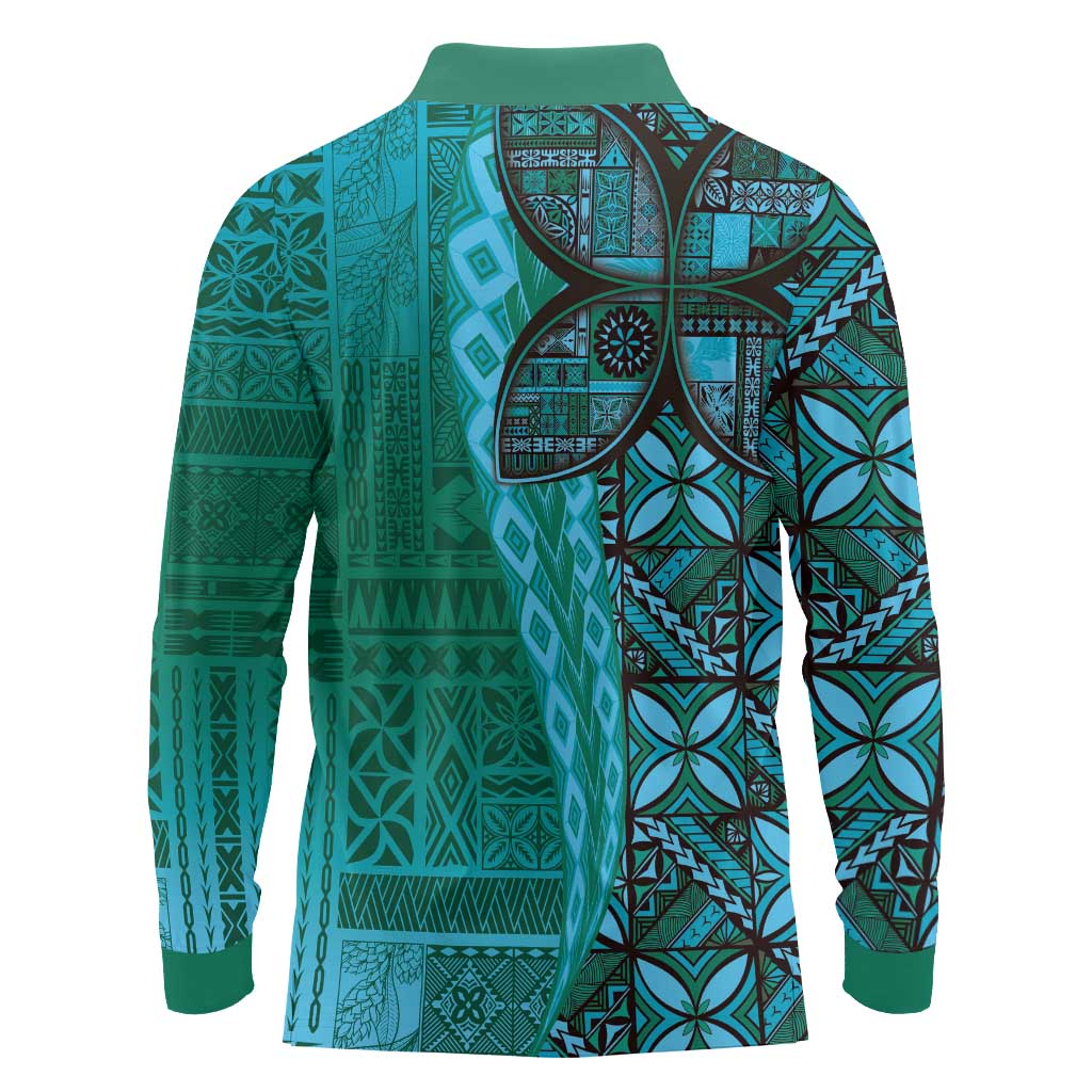 Samoan Pacific Tribal Flower Geometric Art Tattoos Long Sleeve Polo Shirt Siapo Pattern Turquoise Tide LT03 - Polynesian Pride