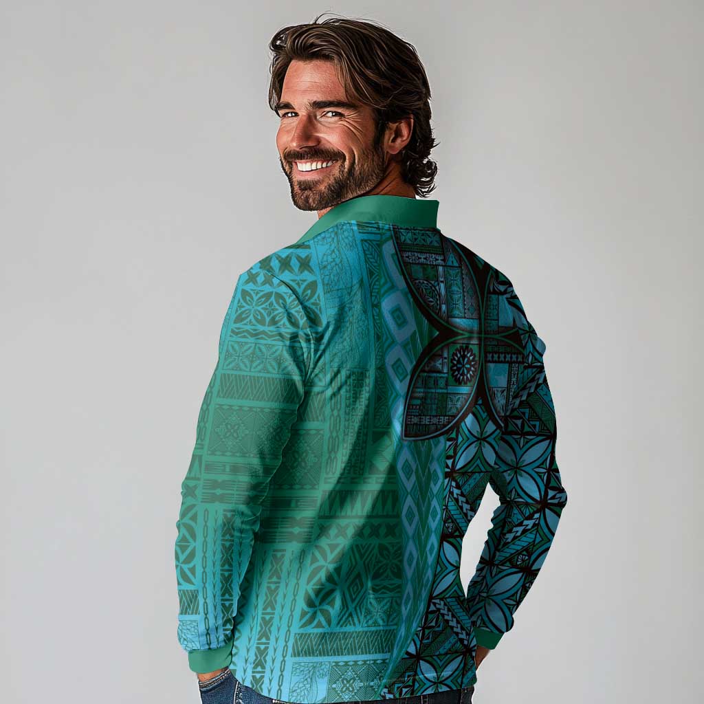 Samoan Pacific Tribal Flower Geometric Art Tattoos Long Sleeve Polo Shirt Siapo Pattern Turquoise Tide LT03 - Polynesian Pride