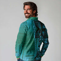 Samoan Pacific Tribal Flower Geometric Art Tattoos Long Sleeve Polo Shirt Siapo Pattern Turquoise Tide LT03 - Polynesian Pride