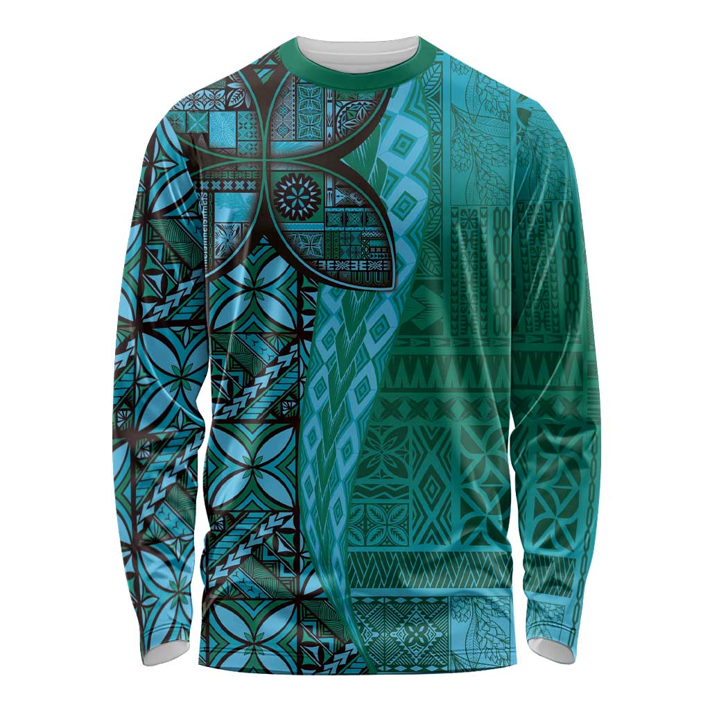 Samoan Pacific Tribal Flower Geometric Art Tattoos Long Sleeve Shirt Siapo Pattern Turquoise Tide LT03 Unisex Turquoise - Polynesian Pride