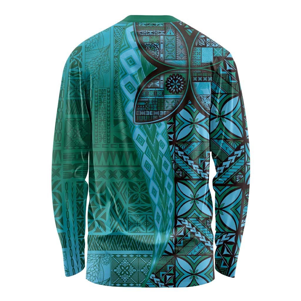 Samoan Pacific Tribal Flower Geometric Art Tattoos Long Sleeve Shirt Siapo Pattern Turquoise Tide LT03 - Polynesian Pride