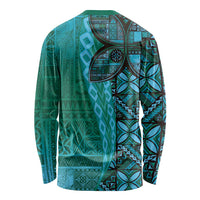 Samoan Pacific Tribal Flower Geometric Art Tattoos Long Sleeve Shirt Siapo Pattern Turquoise Tide LT03 - Polynesian Pride