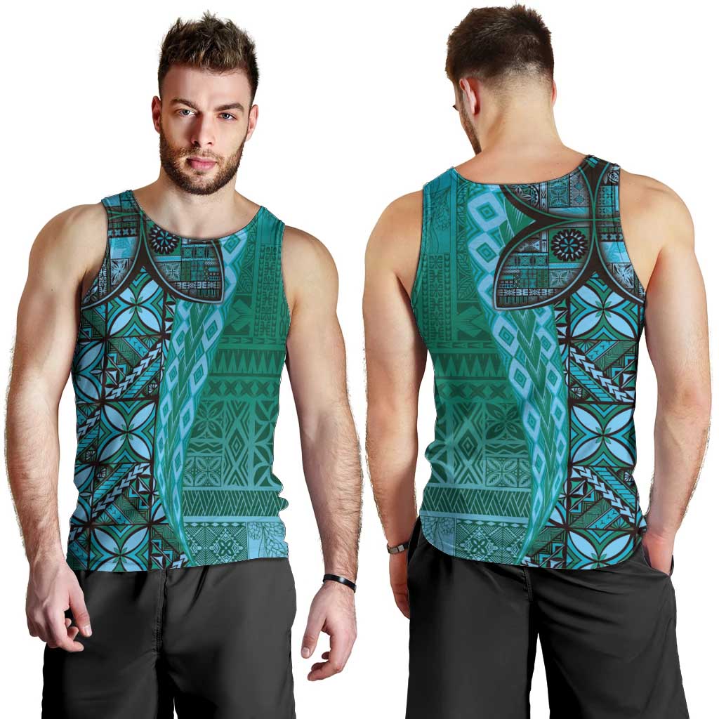 Samoan Pacific Tribal Flower Geometric Art Tattoos Men Tank Top Siapo Pattern Turquoise Tide - Polynesian Pride
