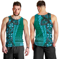 Samoan Pacific Tribal Flower Geometric Art Tattoos Men Tank Top Siapo Pattern Turquoise Tide - Polynesian Pride