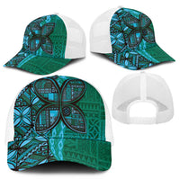 Samoan Pacific Tribal Flower Geometric Art Tattoos Mesh Trucker Cap Siapo Pattern Turquoise Tide - Polynesian Pride