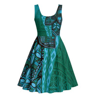 Samoan Pacific Tribal Flower Geometric Art Tattoos Midi Dress Siapo Pattern Turquoise Tide - Polynesian Pride