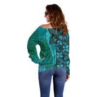 Samoan Pacific Tribal Flower Geometric Art Tattoos Off Shoulder Sweater Siapo Pattern Turquoise Tide - Polynesian Pride