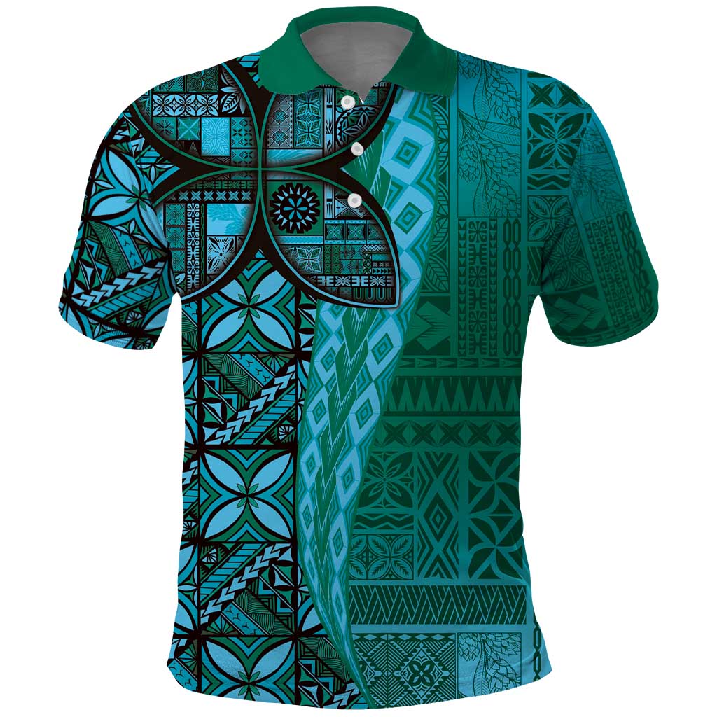 Samoan Pacific Tribal Flower Geometric Art Tattoos Polo Shirt Siapo Pattern Turquoise Tide - Polynesian Pride