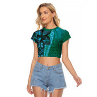 Samoan Pacific Tribal Flower Geometric Art Tattoos Raglan Cropped T Shirt Siapo Pattern Turquoise Tide LT03 Female Turquoise - Polynesian Pride