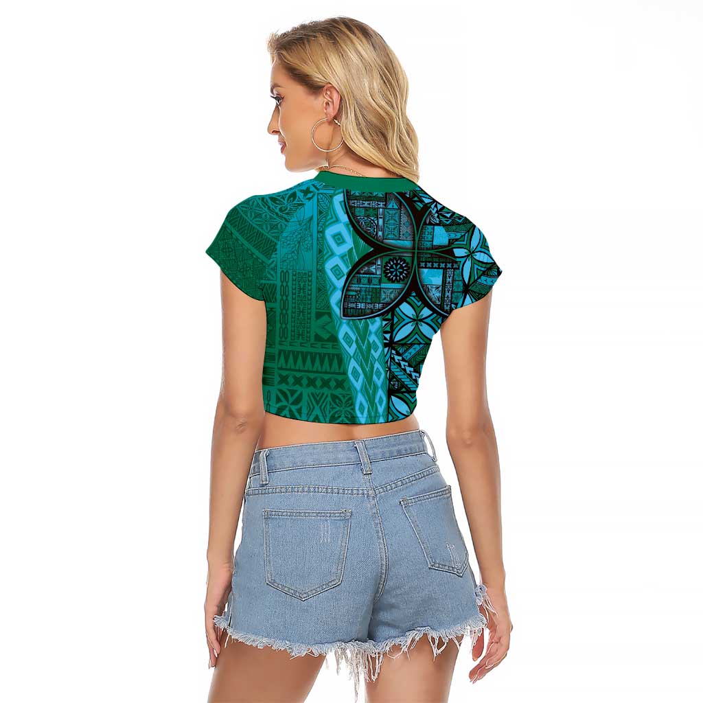 Samoan Pacific Tribal Flower Geometric Art Tattoos Raglan Cropped T Shirt Siapo Pattern Turquoise Tide LT03 - Polynesian Pride