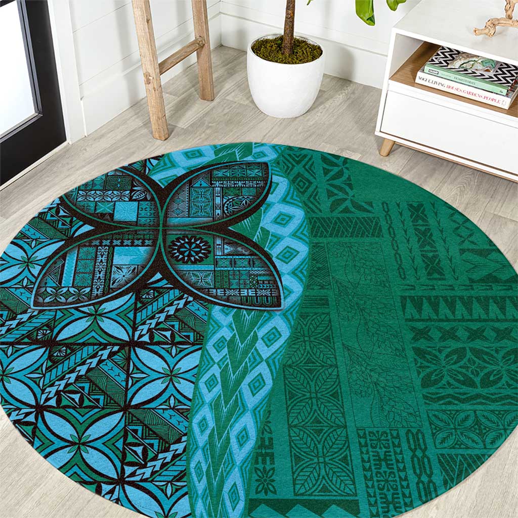 Samoan Pacific Tribal Flower Geometric Art Tattoos Round Carpet Siapo Pattern Turquoise Tide - Polynesian Pride