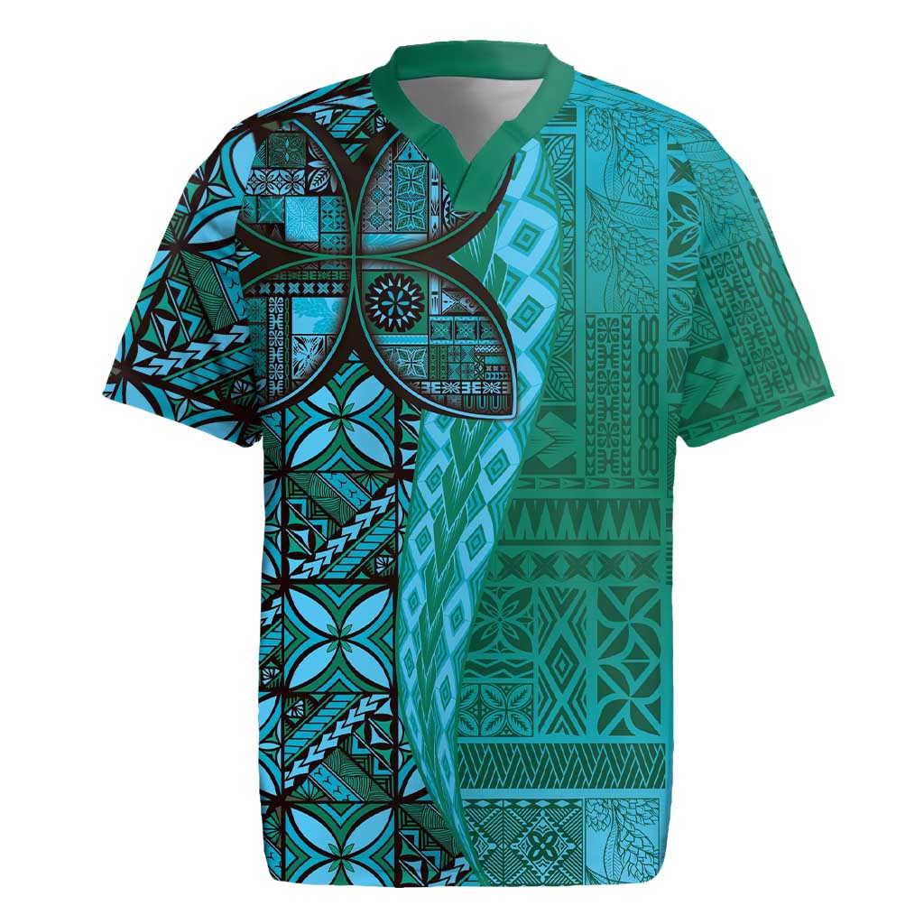 Samoan Pacific Tribal Flower Geometric Art Tattoos Rugby Jersey Siapo Pattern Turquoise Tide LT03 Turquoise - Polynesian Pride