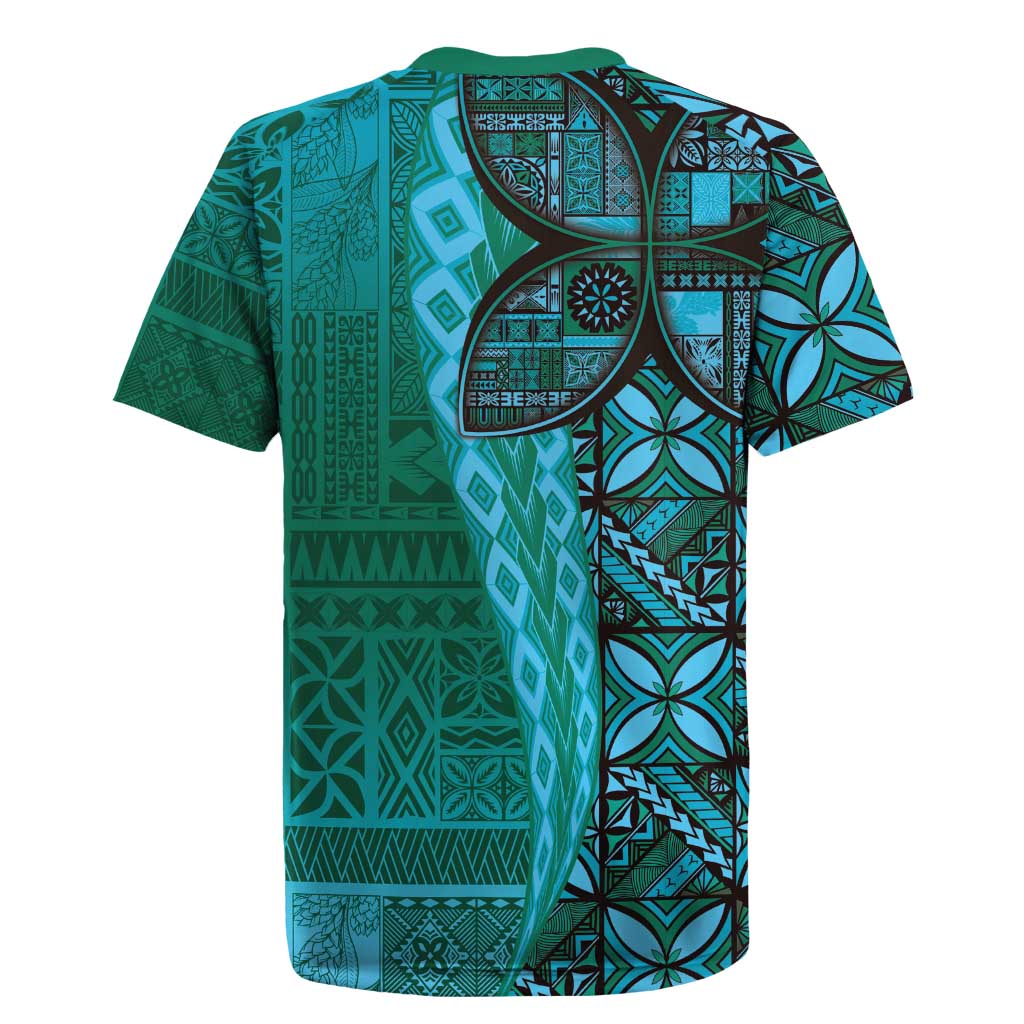 Samoan Pacific Tribal Flower Geometric Art Tattoos Rugby Jersey Siapo Pattern Turquoise Tide LT03 - Polynesian Pride