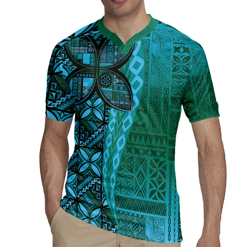 Samoan Pacific Tribal Flower Geometric Art Tattoos Rugby Jersey Siapo Pattern Turquoise Tide LT03 - Polynesian Pride