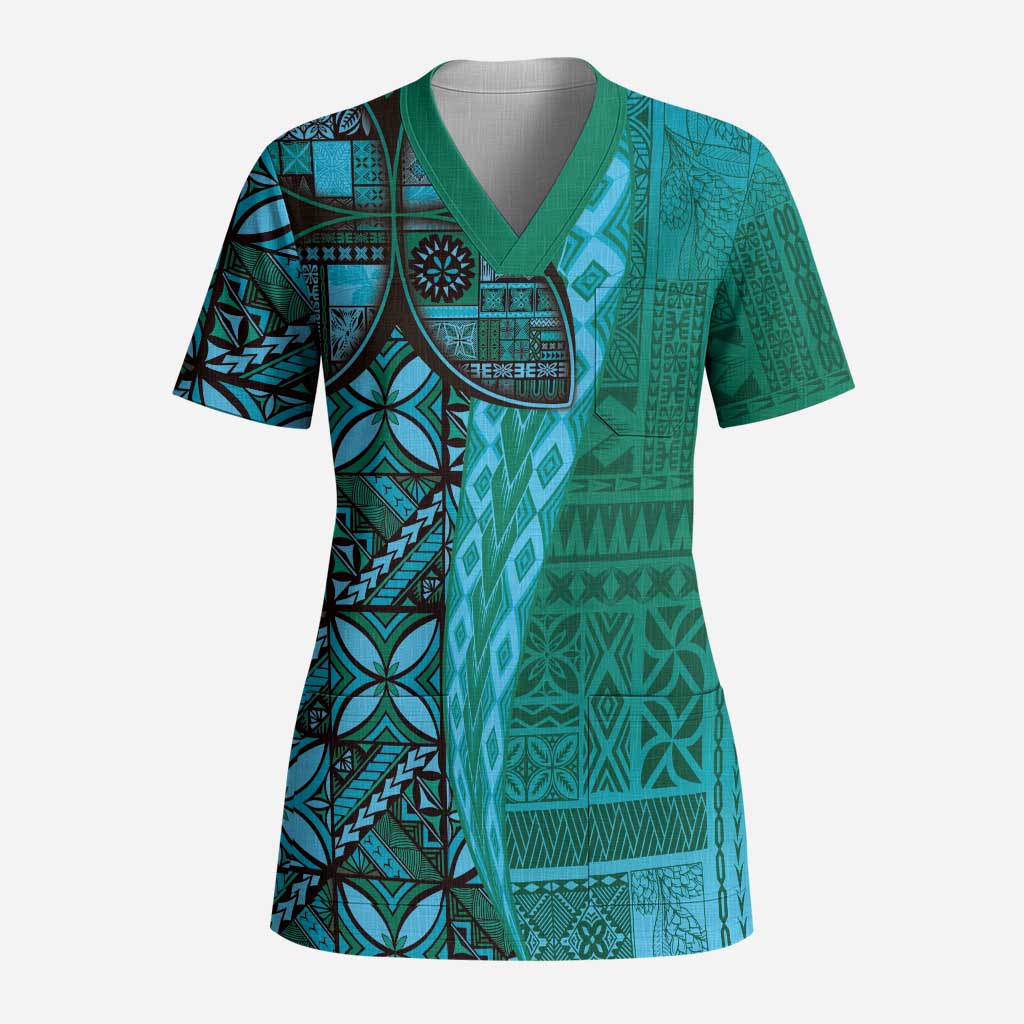 Samoan Pacific Tribal Flower Geometric Art Tattoos Scrub Top Siapo Pattern Turquoise Tide LT03 Adult Turquoise - Polynesian Pride