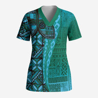 Samoan Pacific Tribal Flower Geometric Art Tattoos Scrub Top Siapo Pattern Turquoise Tide LT03 Adult Turquoise - Polynesian Pride