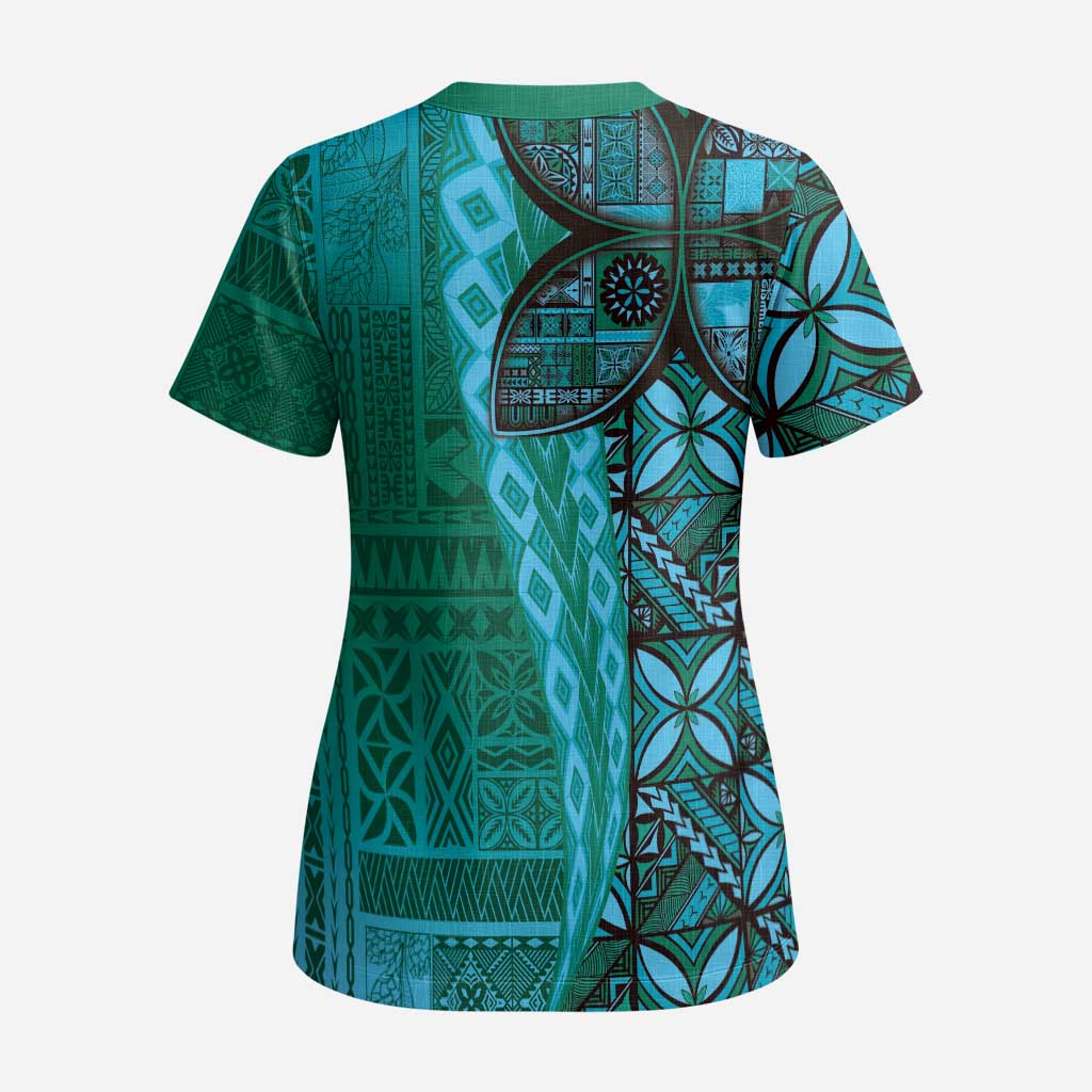 Samoan Pacific Tribal Flower Geometric Art Tattoos Scrub Top Siapo Pattern Turquoise Tide LT03 - Polynesian Pride