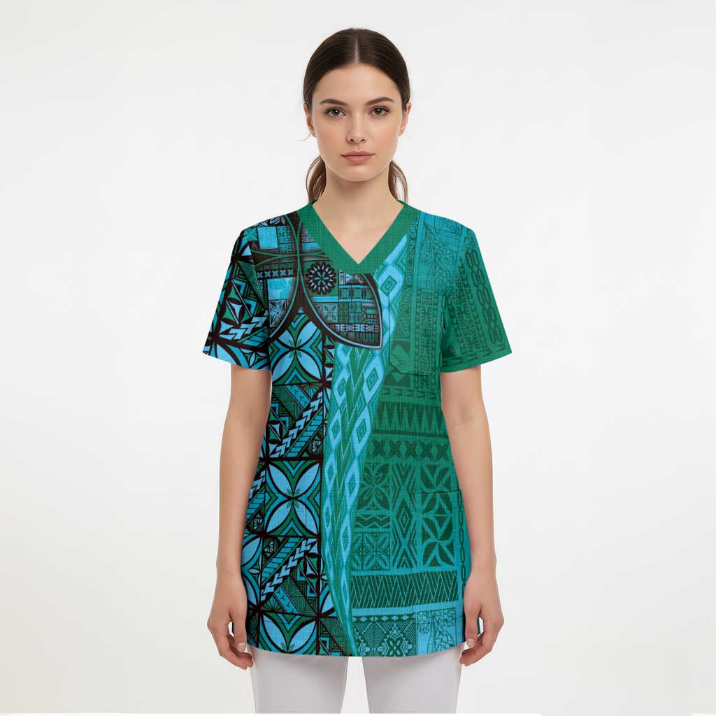 Samoan Pacific Tribal Flower Geometric Art Tattoos Scrub Top Siapo Pattern Turquoise Tide LT03 - Polynesian Pride