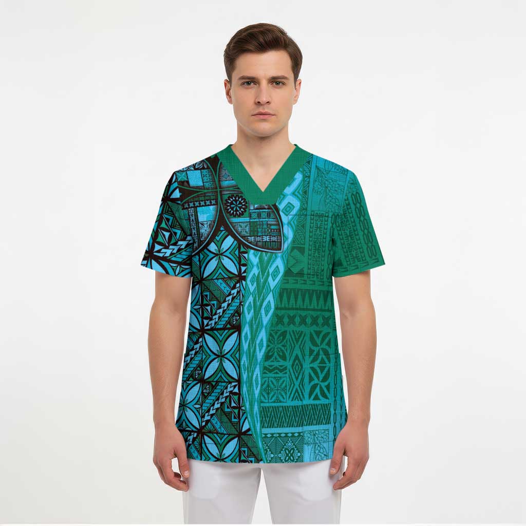 Samoan Pacific Tribal Flower Geometric Art Tattoos Scrub Top Siapo Pattern Turquoise Tide LT03 - Polynesian Pride