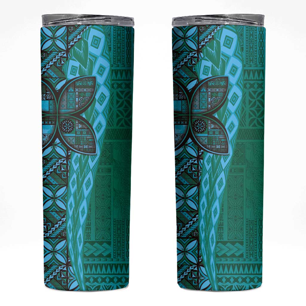Samoan Pacific Tribal Flower Geometric Art Tattoos Skinny Tumbler Siapo Pattern Turquoise Tide - Polynesian Pride