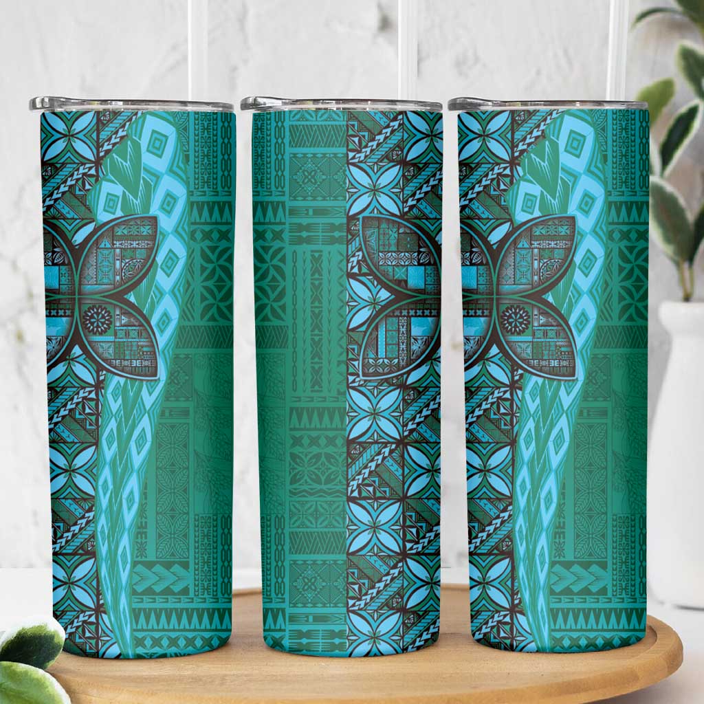 Samoan Pacific Tribal Flower Geometric Art Tattoos Skinny Tumbler Siapo Pattern Turquoise Tide - Polynesian Pride