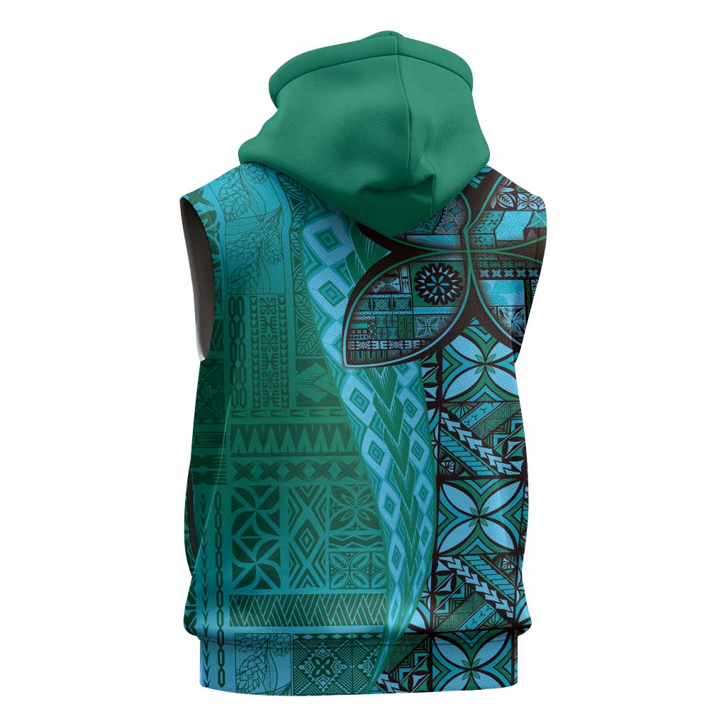 Samoan Pacific Tribal Flower Geometric Art Tattoos Sleeveless Hoodie Siapo Pattern Turquoise Tide LT03 - Polynesian Pride