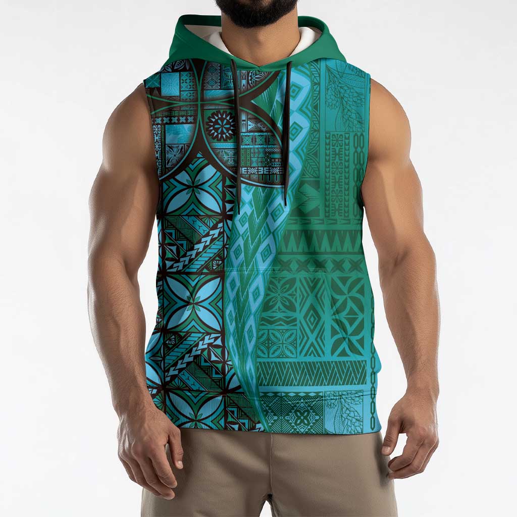 Samoan Pacific Tribal Flower Geometric Art Tattoos Sleeveless Hoodie Siapo Pattern Turquoise Tide LT03 - Polynesian Pride